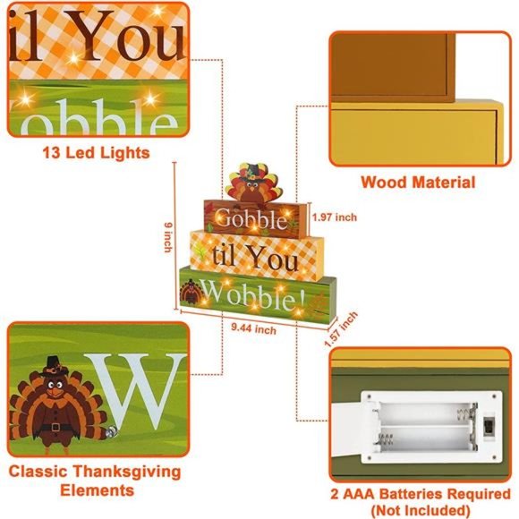 Thanksgiving Wooden Block Sign with Led Lights- Gobble til You Wobble - Picture 3 of 6